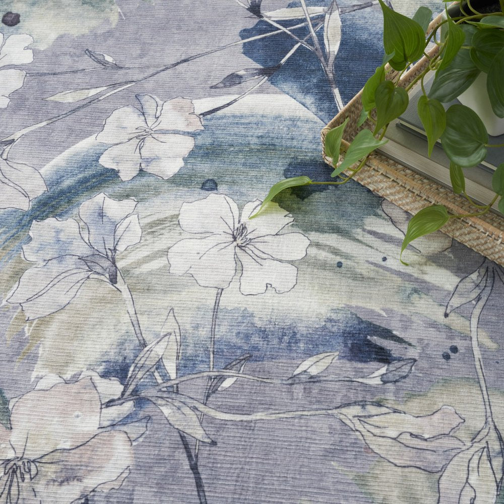 6' X 9' Ivory Blue and Gray Floral Power Loom Washable Non Skid Area