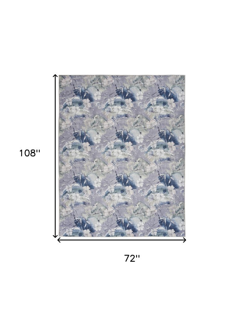 6' X 9' Ivory Blue and Gray Floral Power Loom Washable Non Skid Area