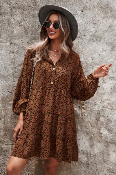 Dotted ruffled long sleeve tiered dress