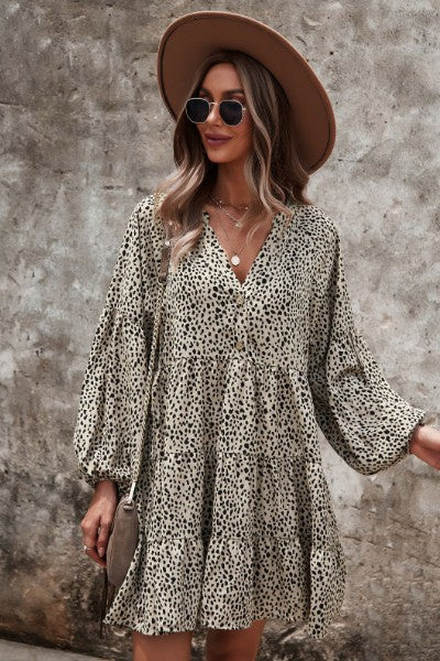 Dotted ruffled long sleeve tiered dress