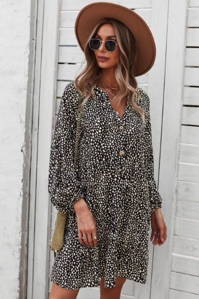 Dotted ruffled long sleeve tiered dress