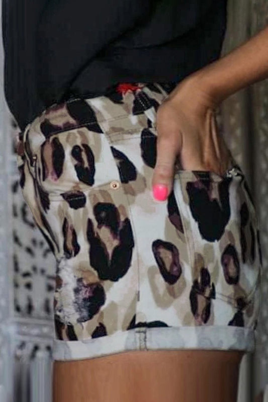 Taupe Leopard Distressed Shorts