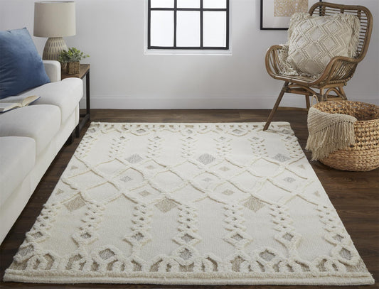 4' X 6' Ivory Tan And Silver Wool Geometric Tufted Handmade Stain