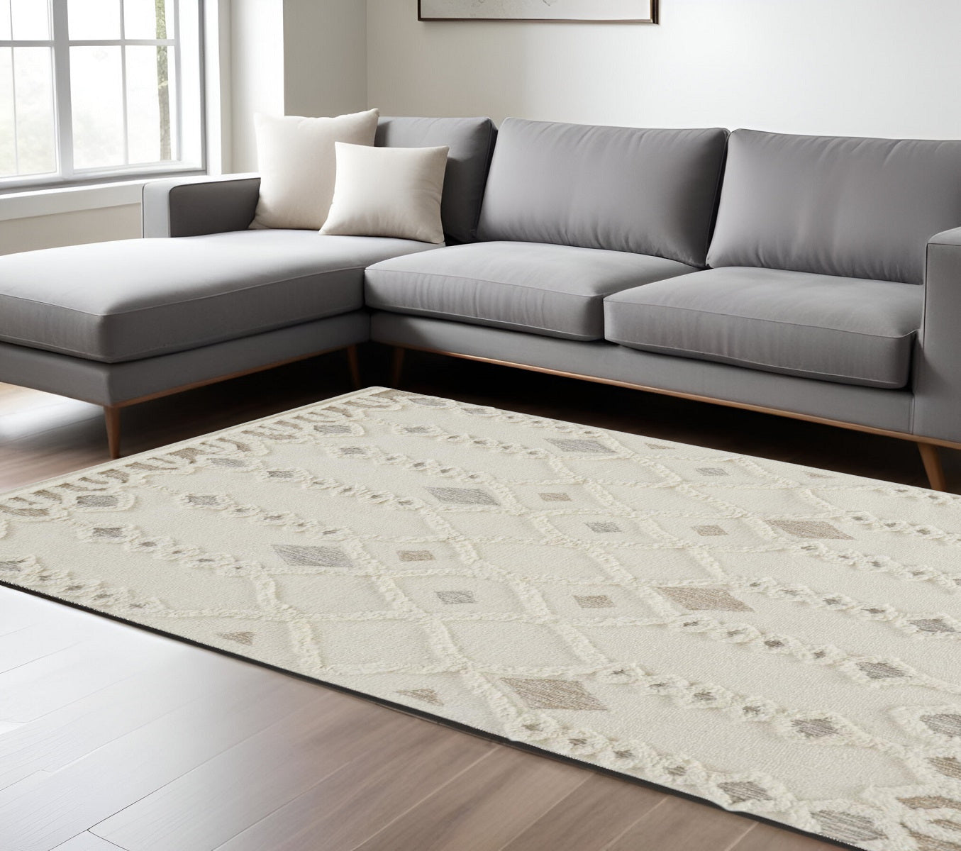 4' X 6' Ivory Tan And Silver Wool Geometric Tufted Handmade Stain