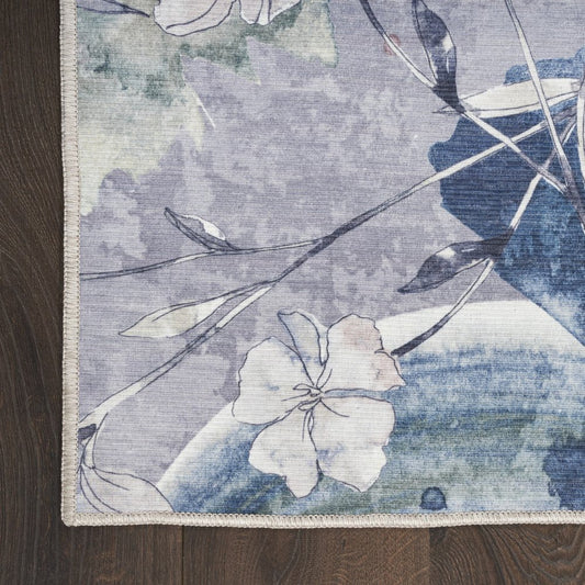 6' X 9' Ivory Blue and Gray Floral Power Loom Washable Non Skid Area