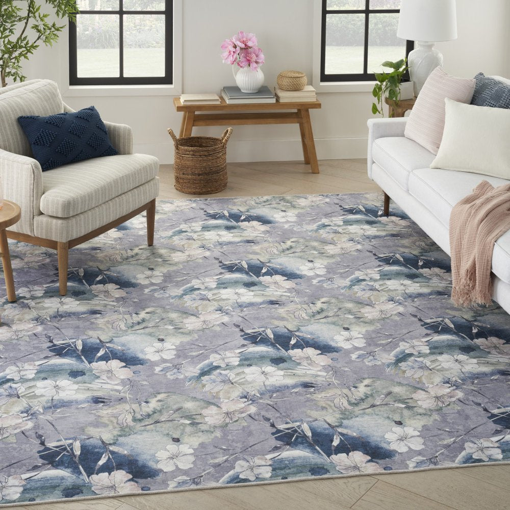 6' X 9' Ivory Blue and Gray Floral Power Loom Washable Non Skid Area