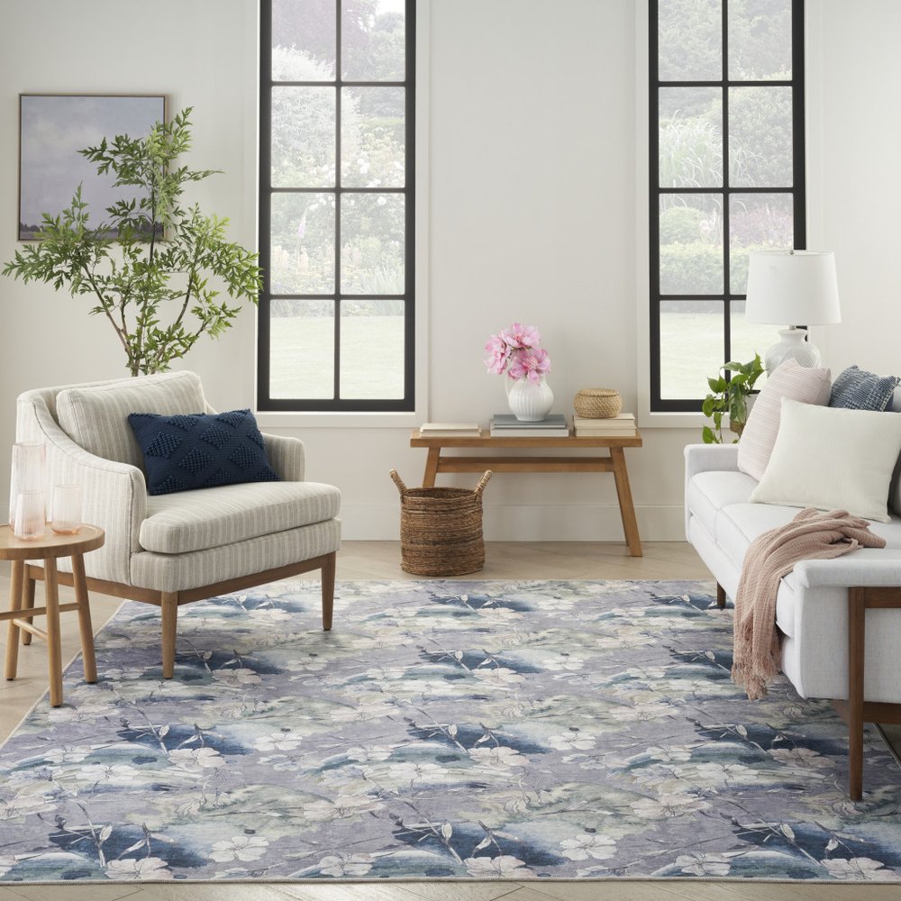 6' X 9' Ivory Blue and Gray Floral Power Loom Washable Non Skid Area