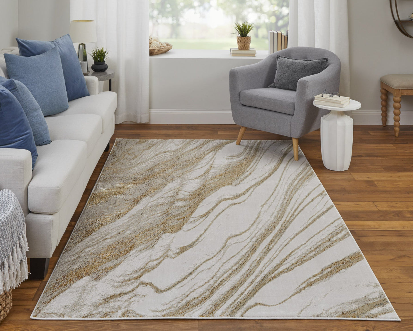 4' X 6' Ivory Brown and Gold Abstract Power Loom Area Rug