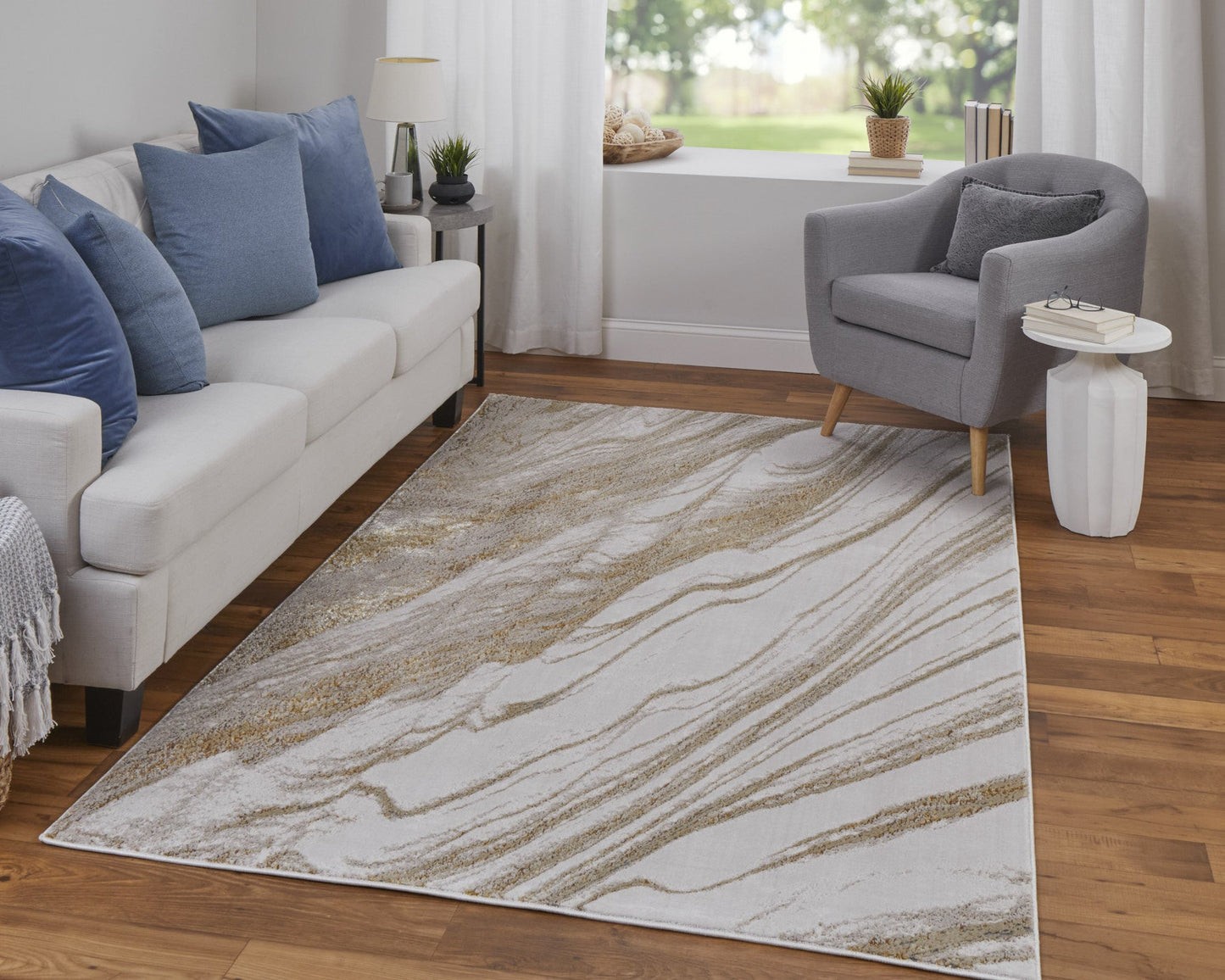 4' X 6' Ivory Brown and Gold Abstract Power Loom Area Rug