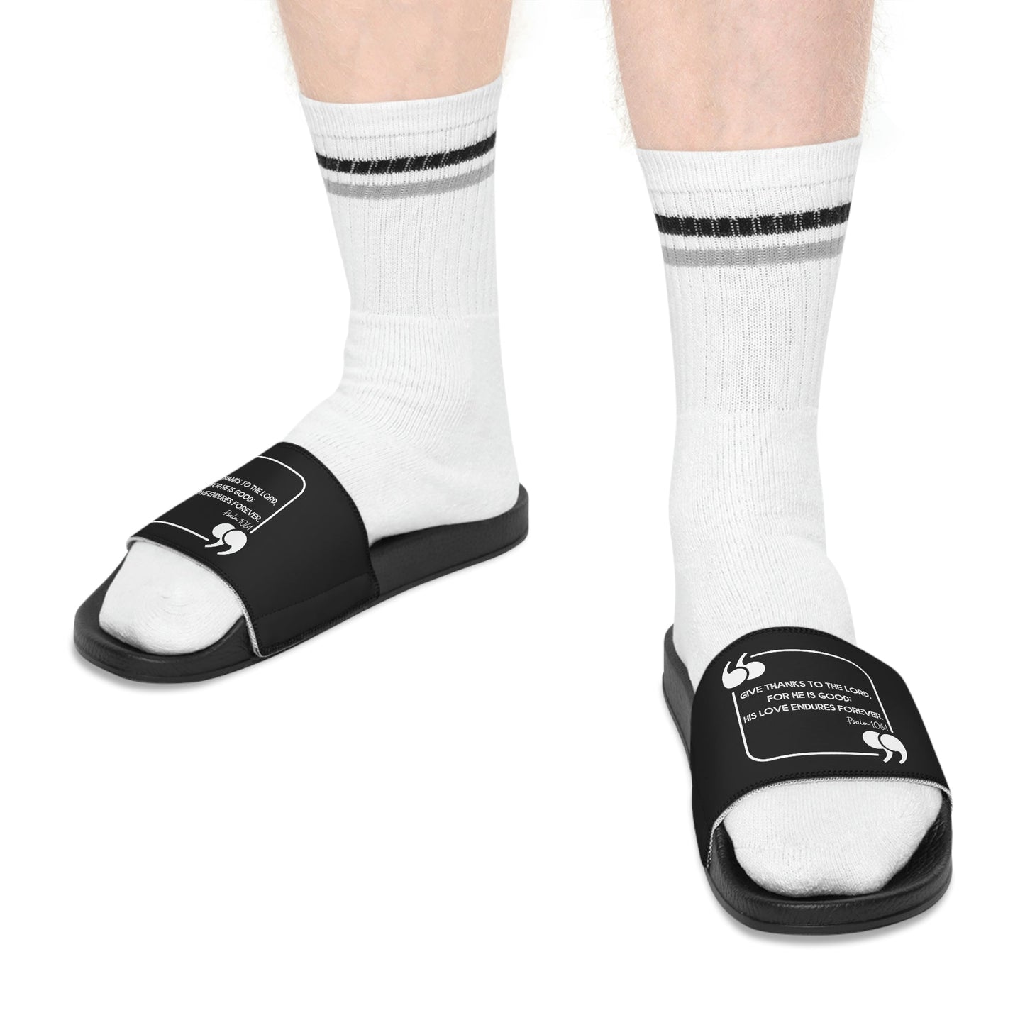 Mens Black Slide Sandals - Give Thanks to the Lord - Christian
