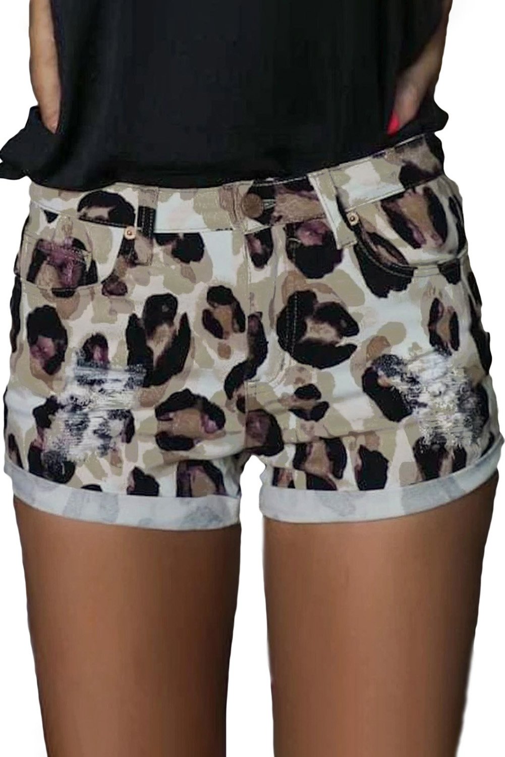 Taupe Leopard Distressed Shorts
